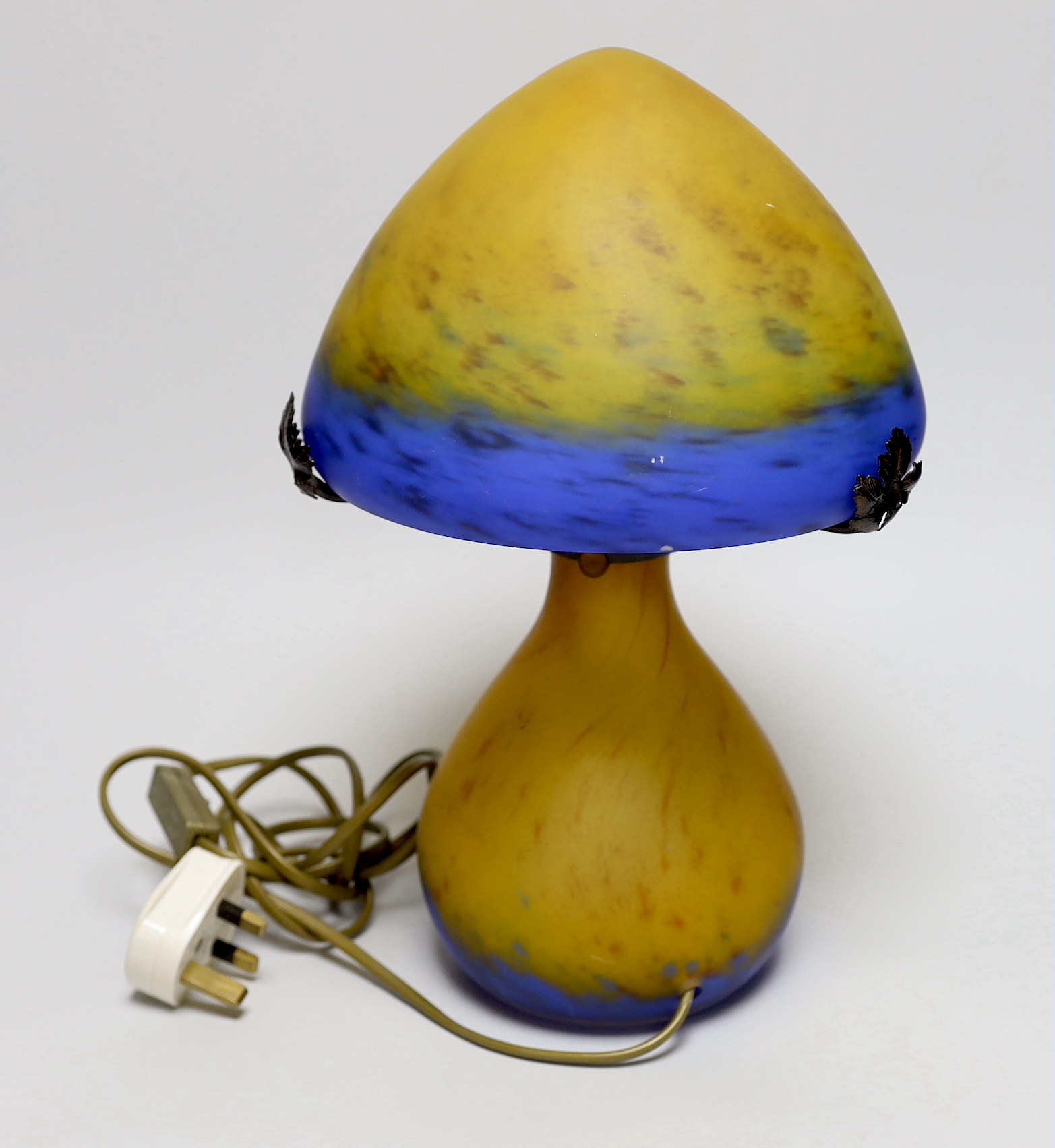 A French La Rochere glass mushroom table lamp, inscribed to the base, 33cm high